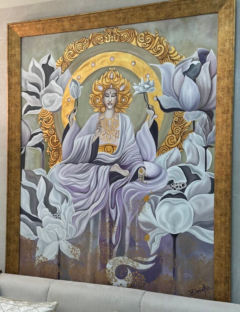 Goddess Lakshmi painting with lotus and gold coins